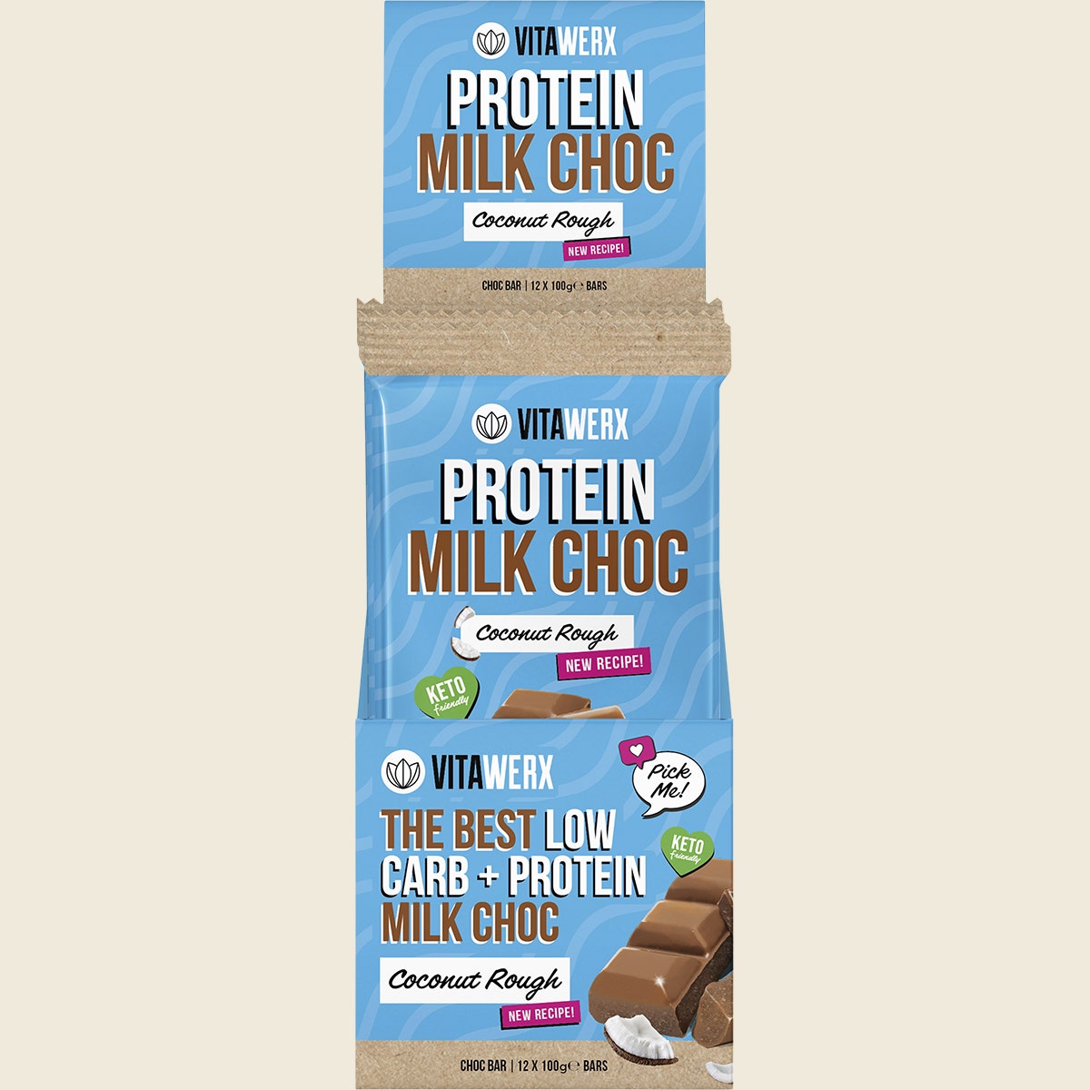 VITAWERX Protein Milk Chocolate Bar Coconut Rough 12x100g