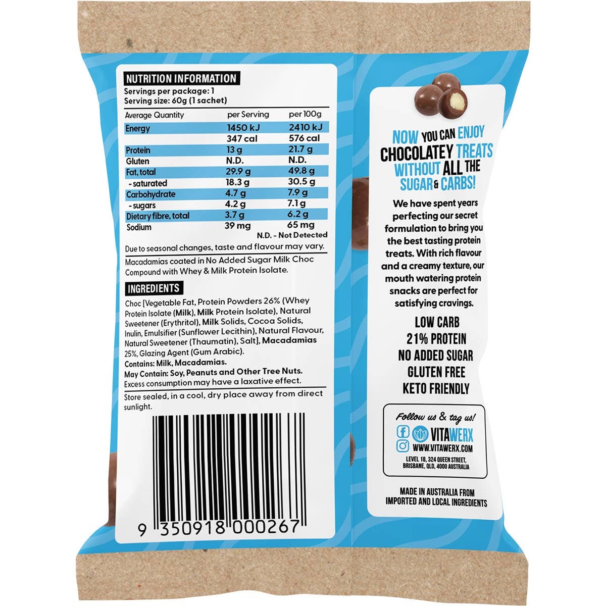 VITAWERX Protein Milk Chocolate Coated Macadamias 10x60g