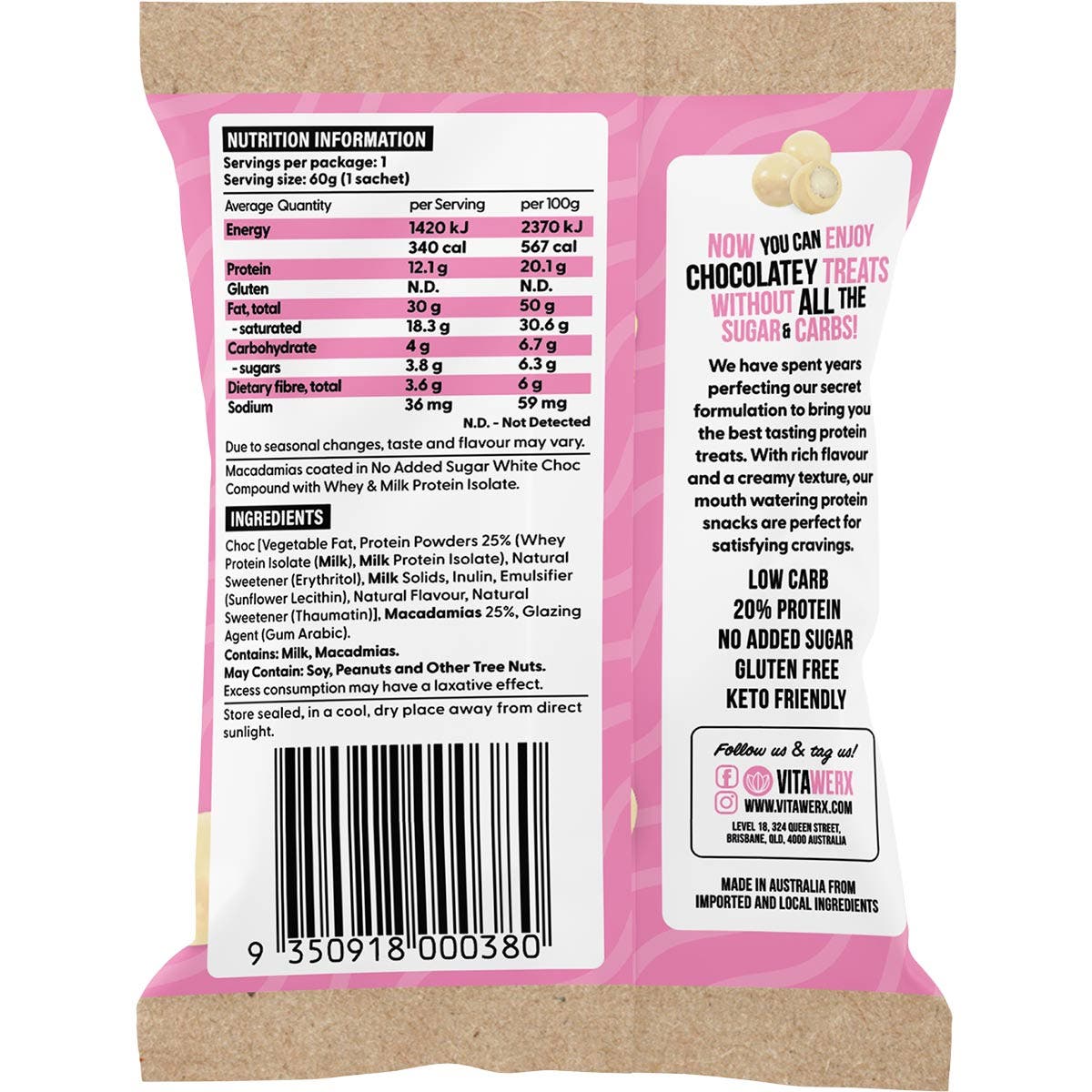 VITAWERX Protein White Chocolate Coated Macadamias 10x60g
