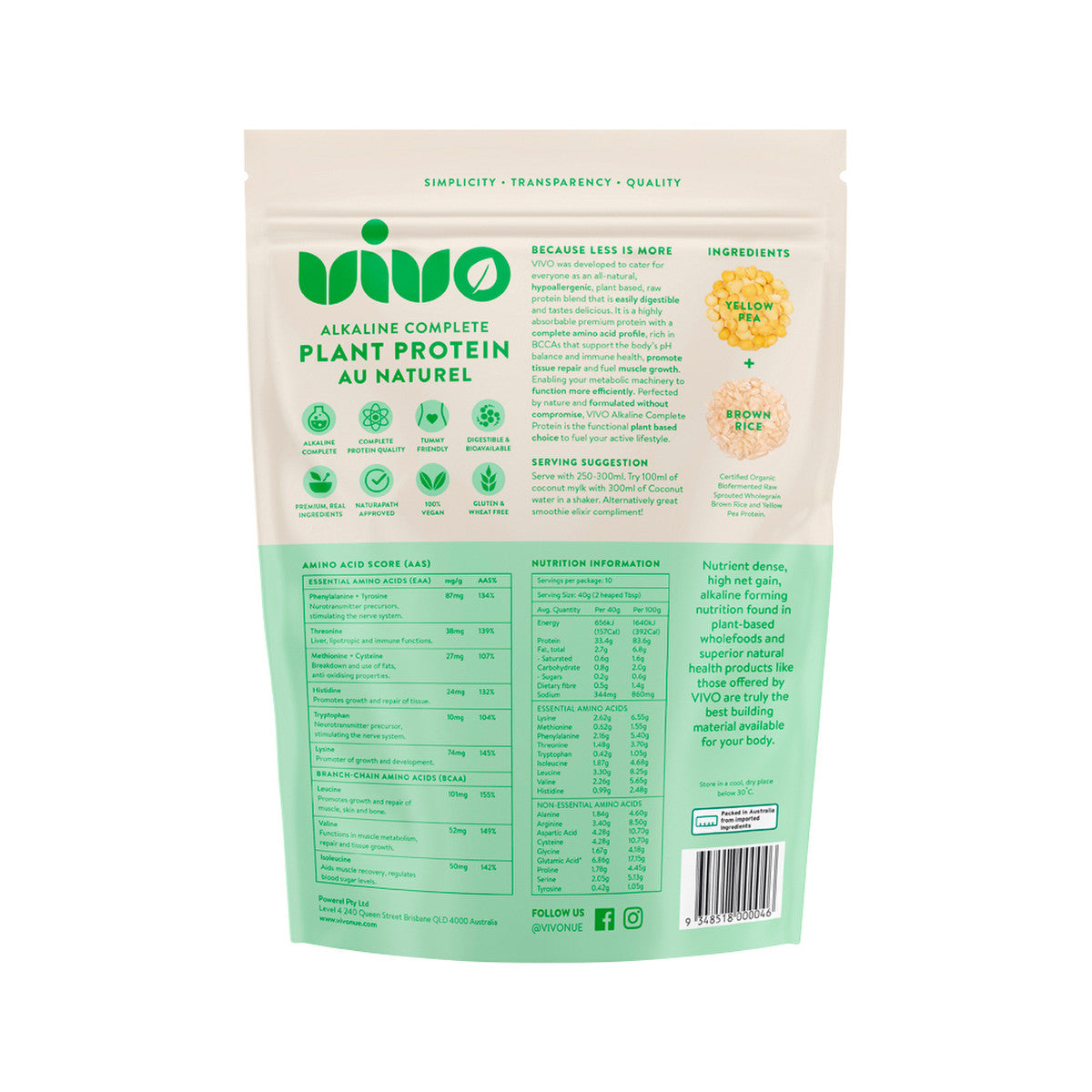 Vivo Organic Alkaline Complete Plant Protein Au Naturel 400g