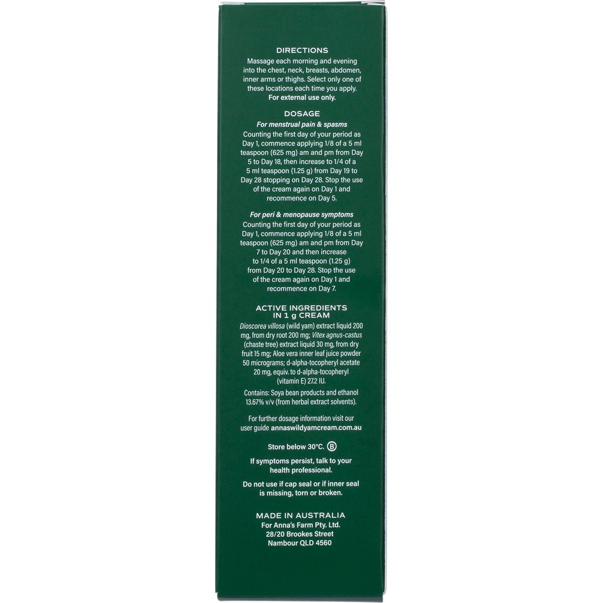 Anna's Wild Yam Cream (Her) Menstrual & Menopausal Symptoms 100g Tube