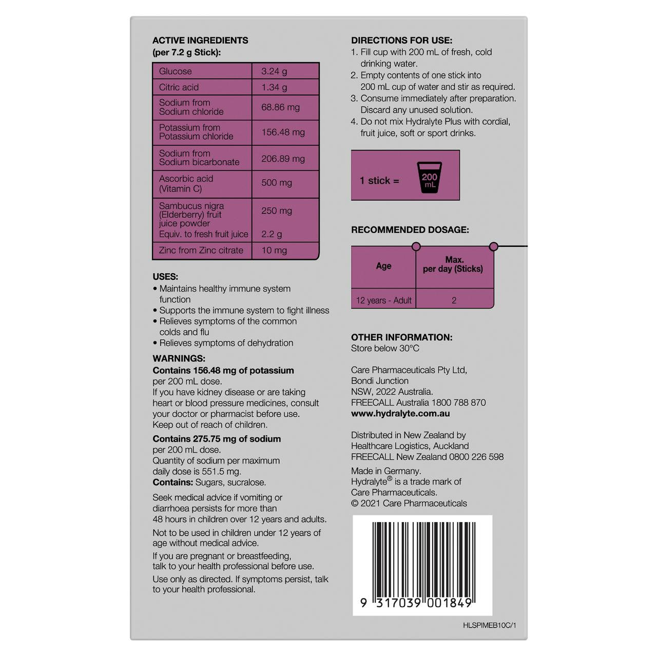 HYDRALYTE PLUS IMMUNITY ELDERBERRY 10 Sachets