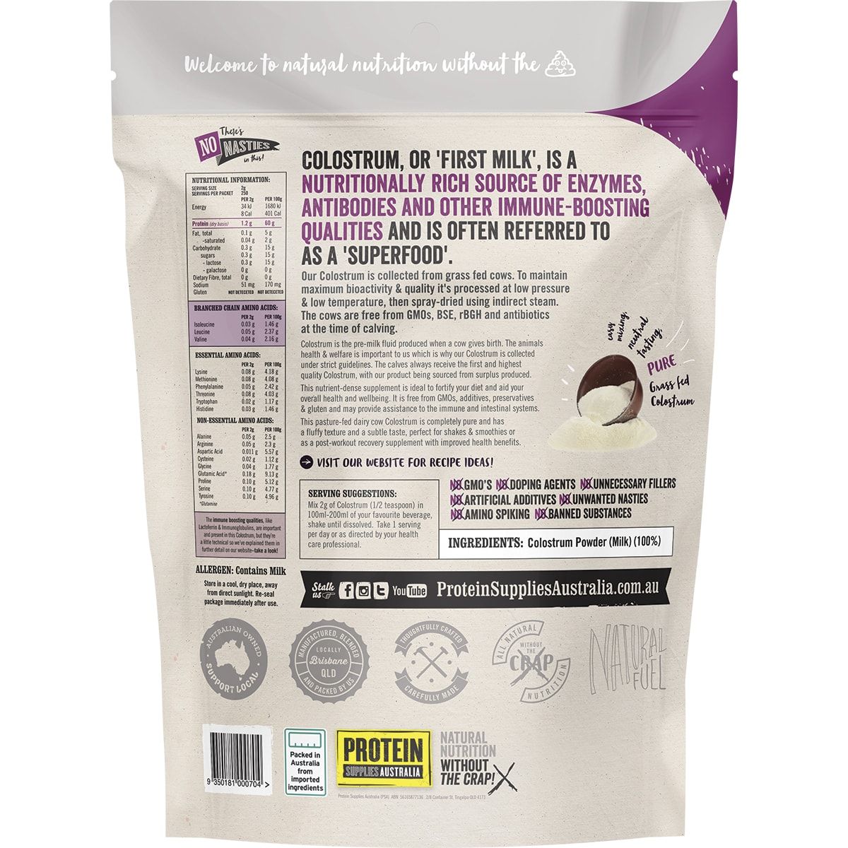 PROTEIN SUPPLIES AUSTRALIA Colostrum (Grass Fed) Pure - 20% Immunoglobulin (IgG) 500g
