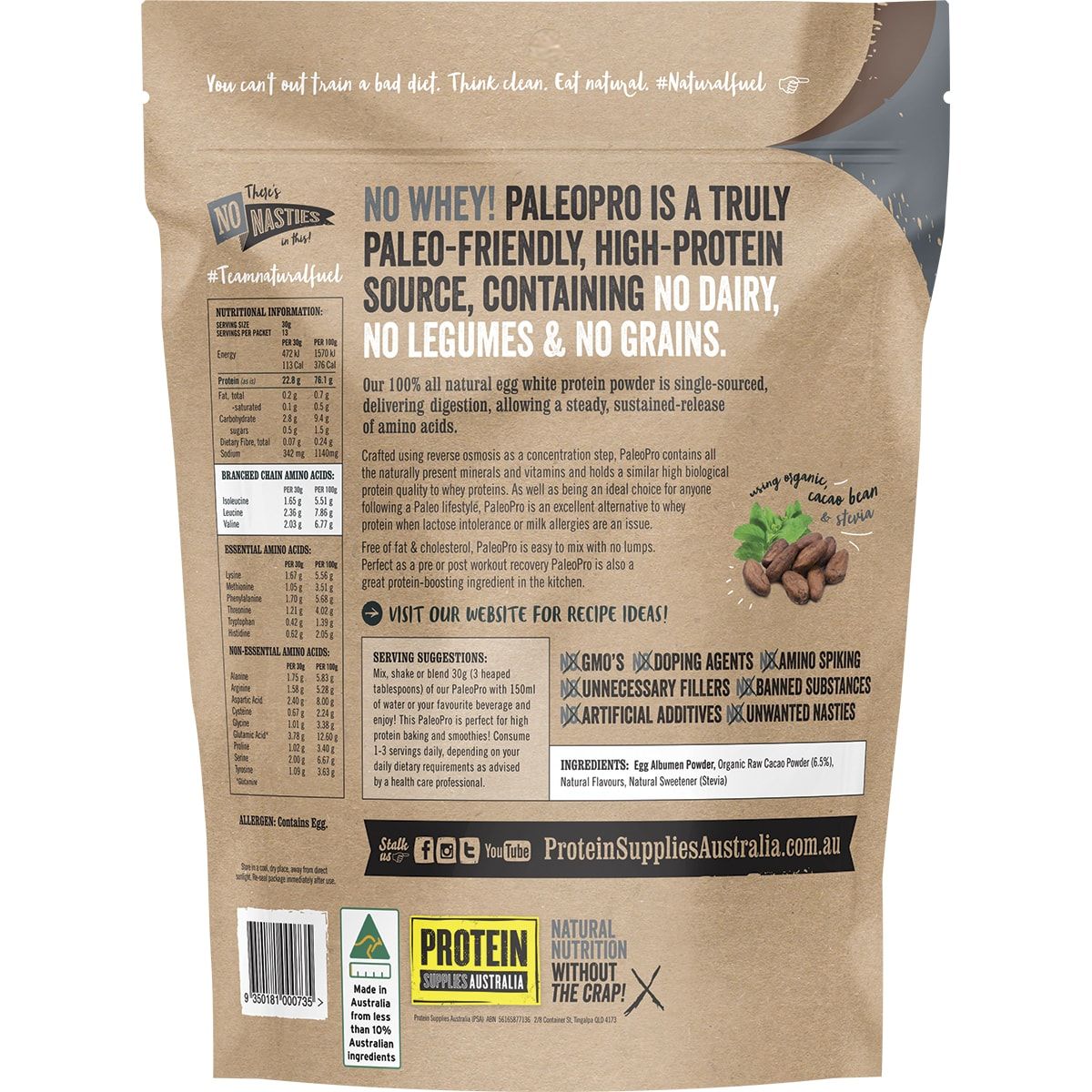 PROTEIN SUPPLIES AUSTRALIA PaleoPro (Egg White Protein) Chocolate 400g