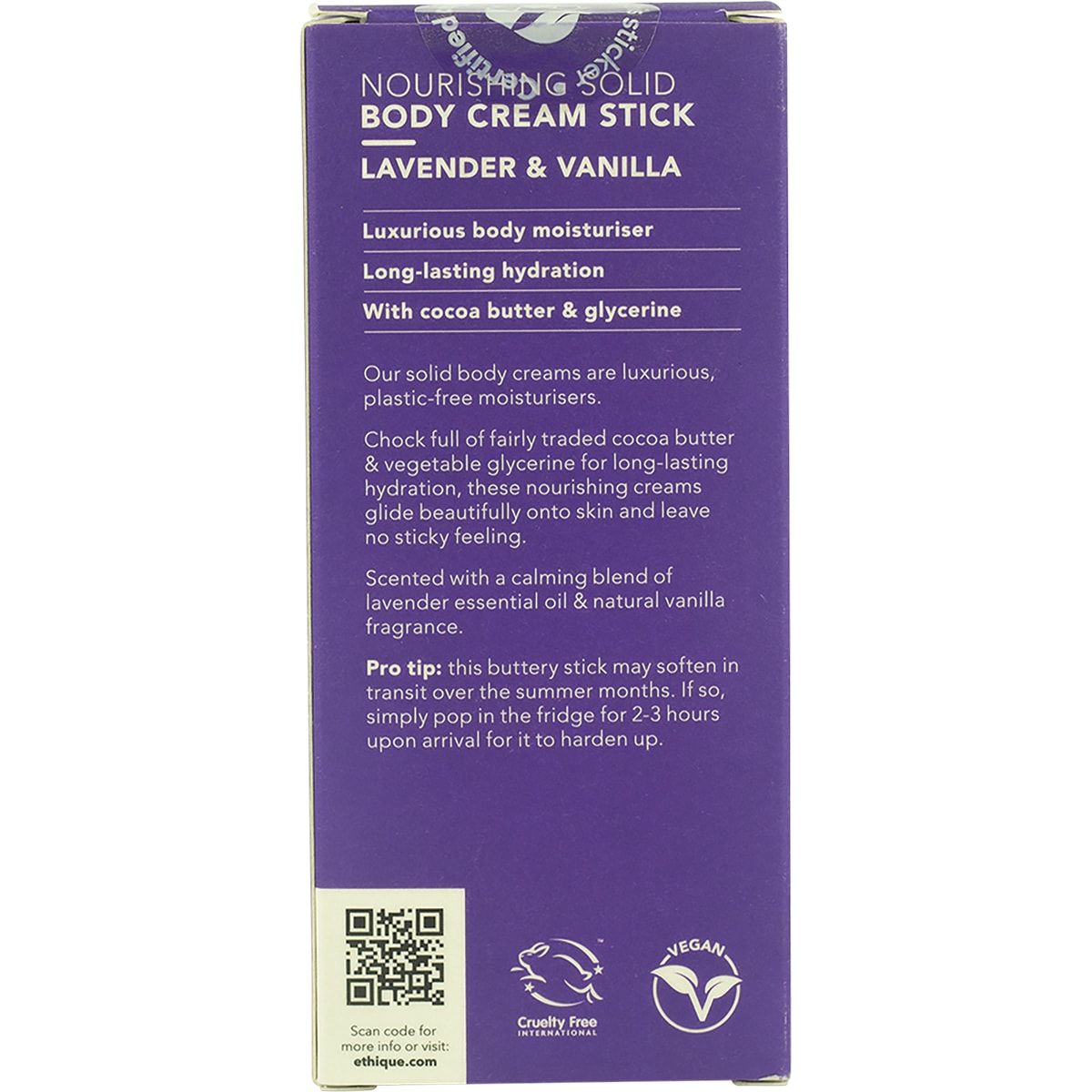 ETHIQUE Solid Body Cream Stick Lavender & Vanilla 100g