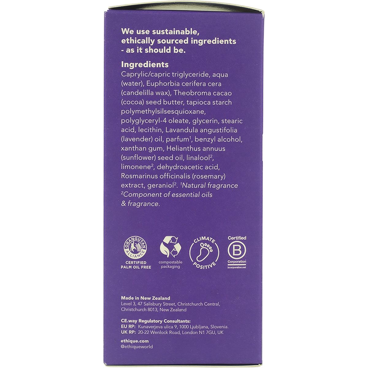 ETHIQUE Solid Body Cream Stick Lavender & Vanilla 100g