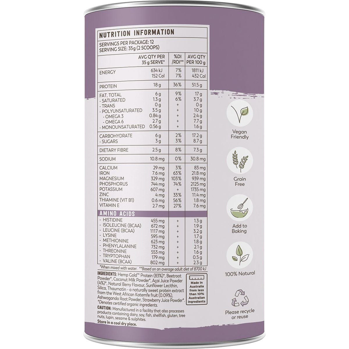 ESSENTIAL HEMP Organic Hemp Protein Mixed Berry & Acai 420g
