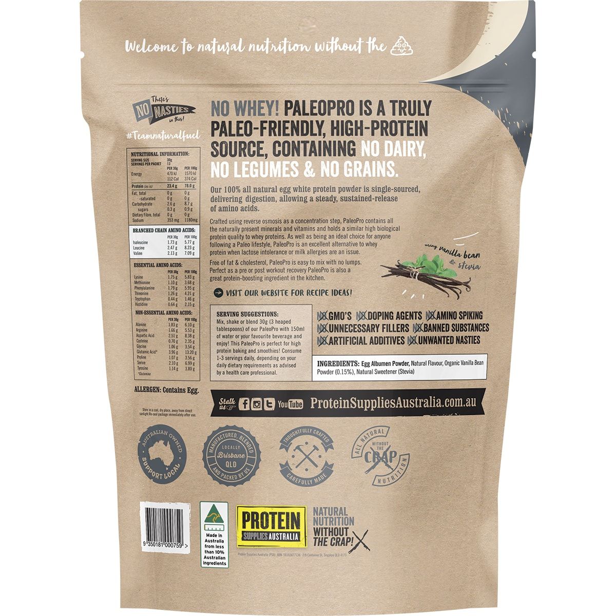 PROTEIN SUPPLIES AUSTRALIA PaleoPro (Egg White Protein) Vanilla Bean 400g
