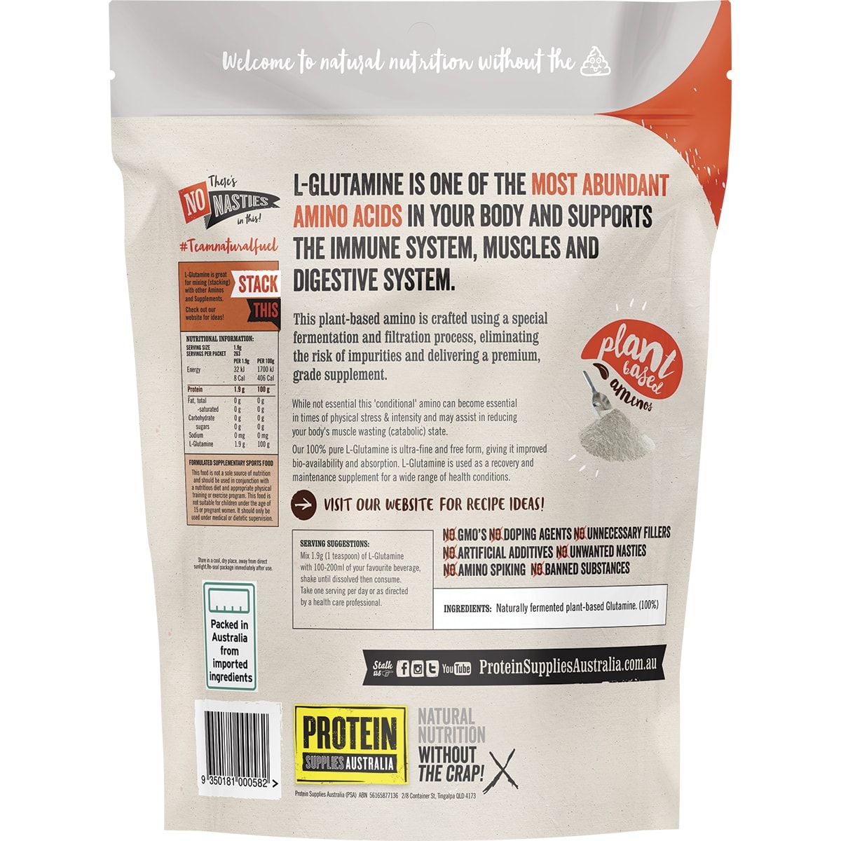 PROTEIN SUPPLIES AUSTRALIA L-Glutamine (Plant-based) Pure 500g