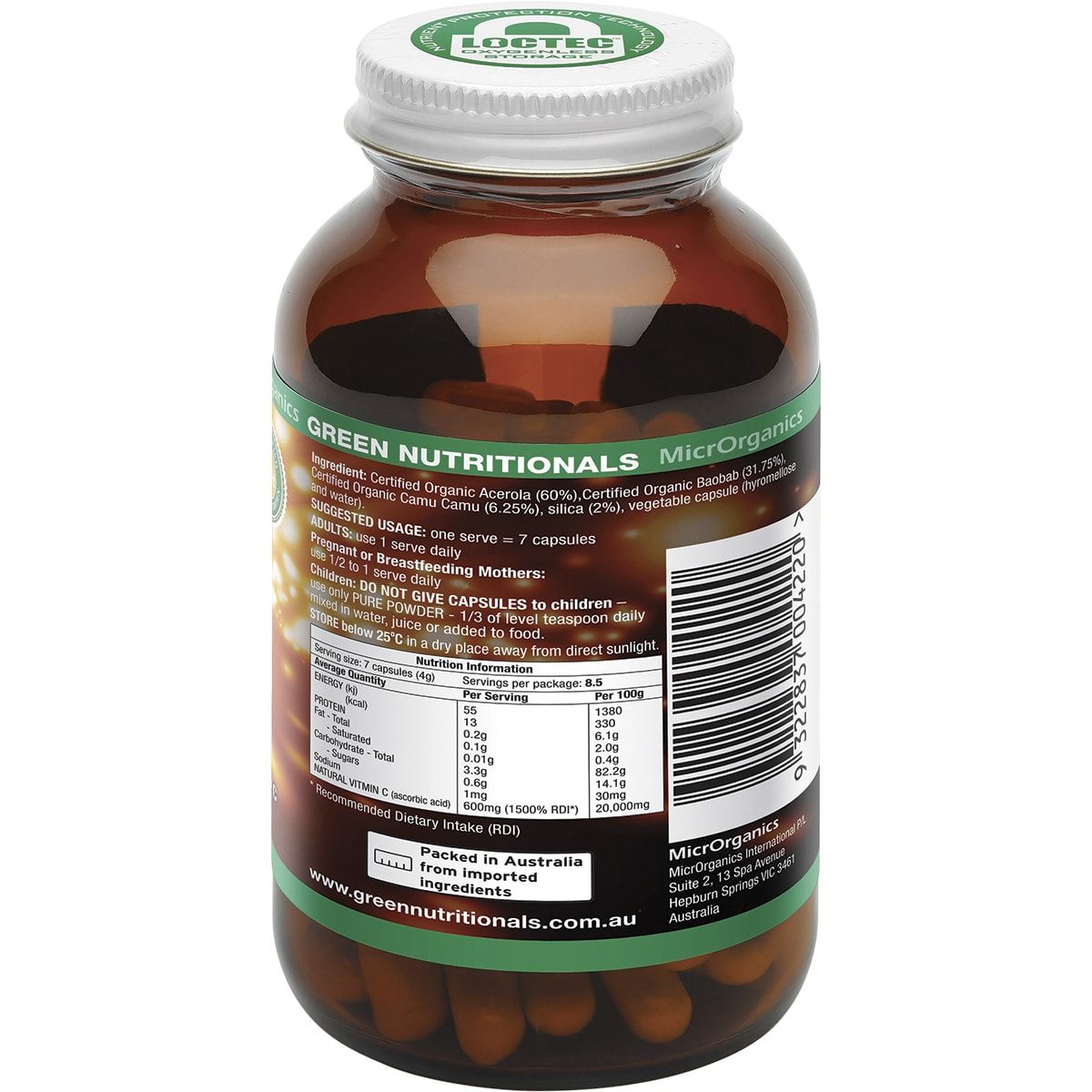 GREEN NUTRITIONALS Organic Green Vitamin C Vegan Capsules (600mg) 60