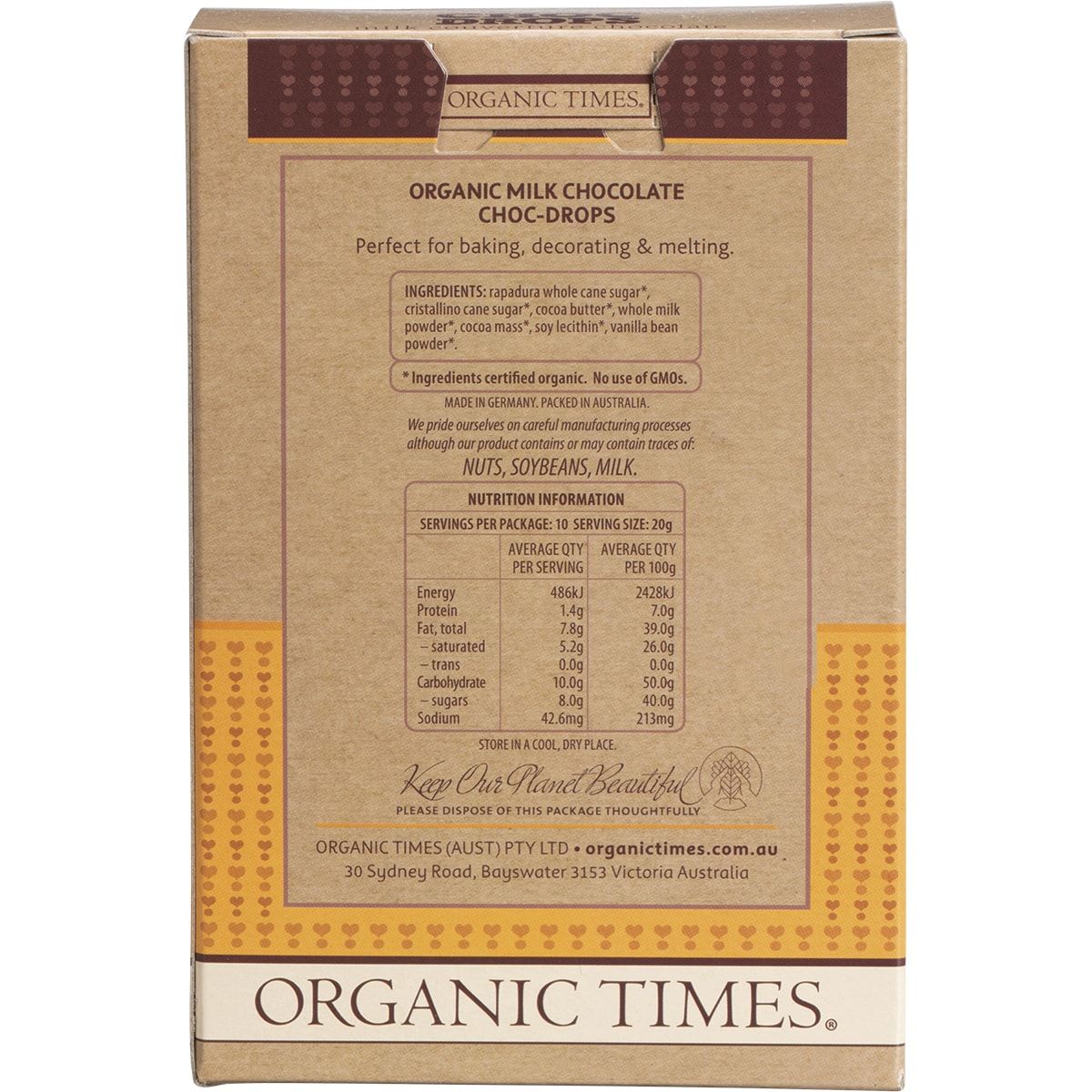 ORGANIC TIMES Choc Drops Milk Couverture Drops 200g