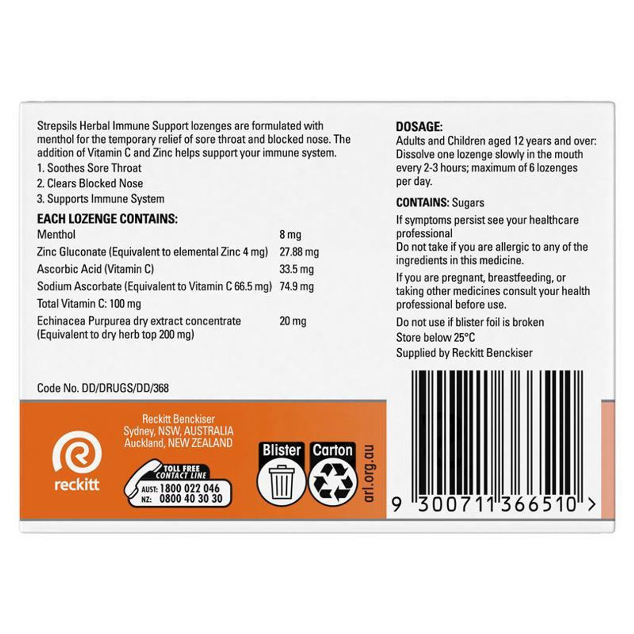 Strepsils Herbal Immune Support Elderberry 16 Lozenges